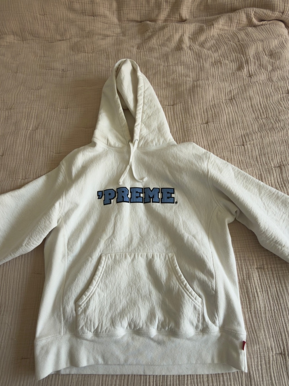 Supreme Cream Crewneck Hoodie with Blue 'PREME' Logo